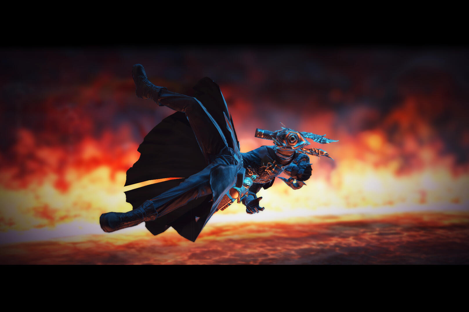 A cinematic image with blurred flames in the background. A Xaelan man is midair, horizontal, pointing a gun at the camera. His coat tails are flared out behind him.