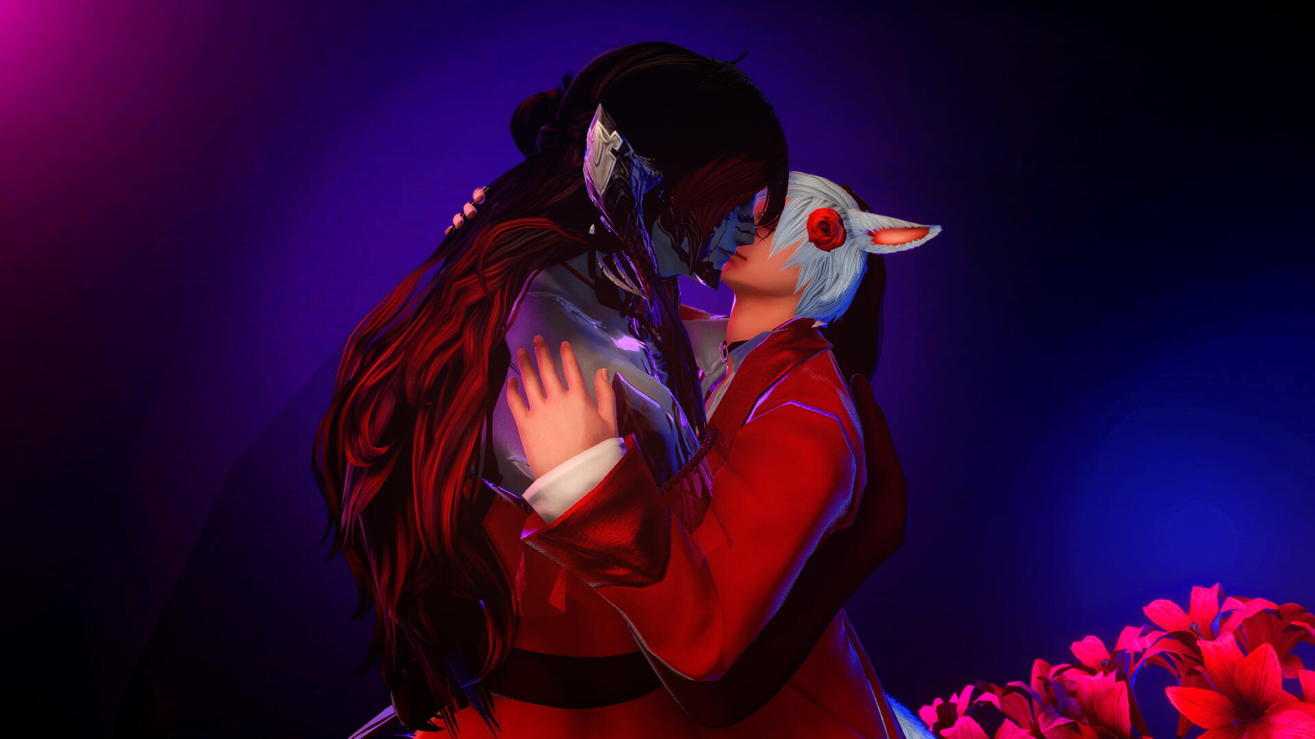 A detasturated image of a man in a hooded shawl and long skirt kneeling before an altar, facing away from the camera. He has dark scales running down his spine.