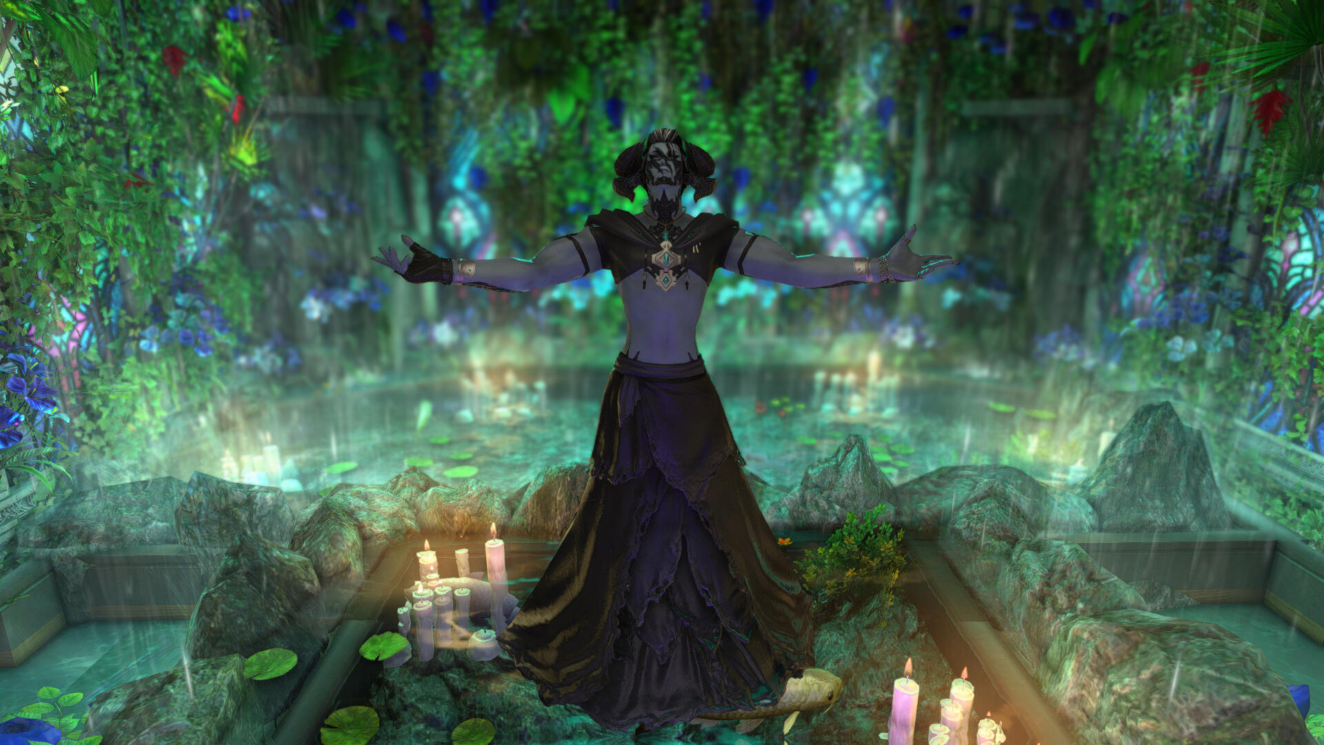 A Xaelan man in a hooded shawl and long dark skirt stands in the the rain, in a small pond surrounded by ivy and rock. His arms are outstretched and face tilted upward with closed eyes and a smile.
