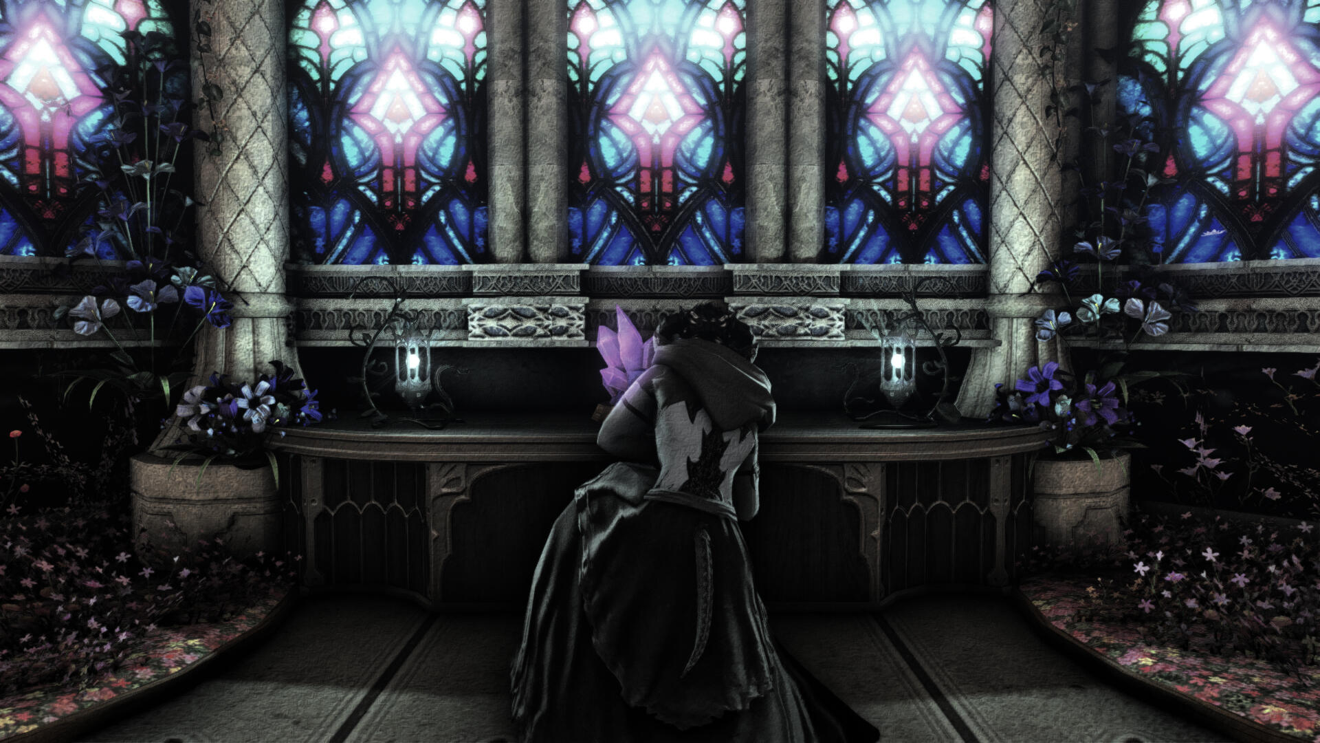 A detasturated image of a man in a hooded shawl and long skirt kneeling before an altar, facing away from the camera. He has dark scales running down his spine.